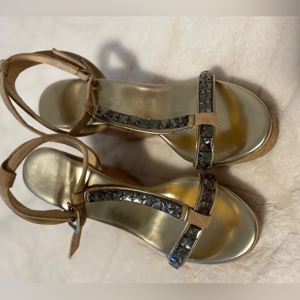 Authentic Jimmy Choo wedge cork Sandals gold nude